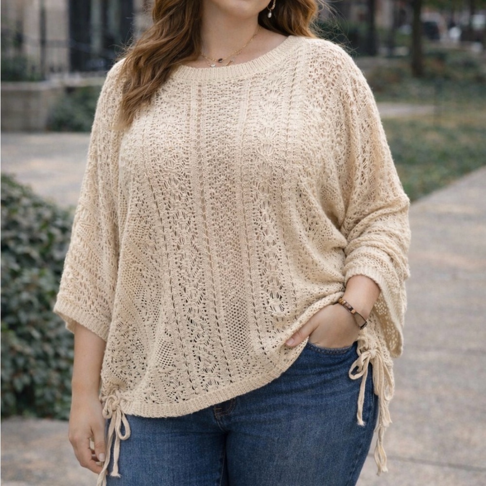 *Tan crochet pullover poncho style Sweater- ruched ties